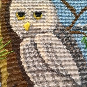 Vintage needlepoint 1976 Owl nesting in tree moon in skyw/customized wood frame